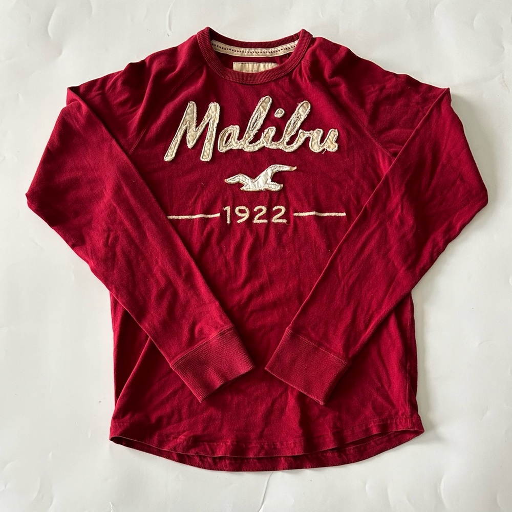 Hollister Men's Maroon Long Sleeve Tee 100% cotton Size L EUC